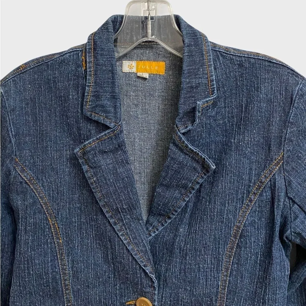 Tulle Women's Three-Button Denim Jacket Sz L Fitted Pockets Retro Chic Coquette